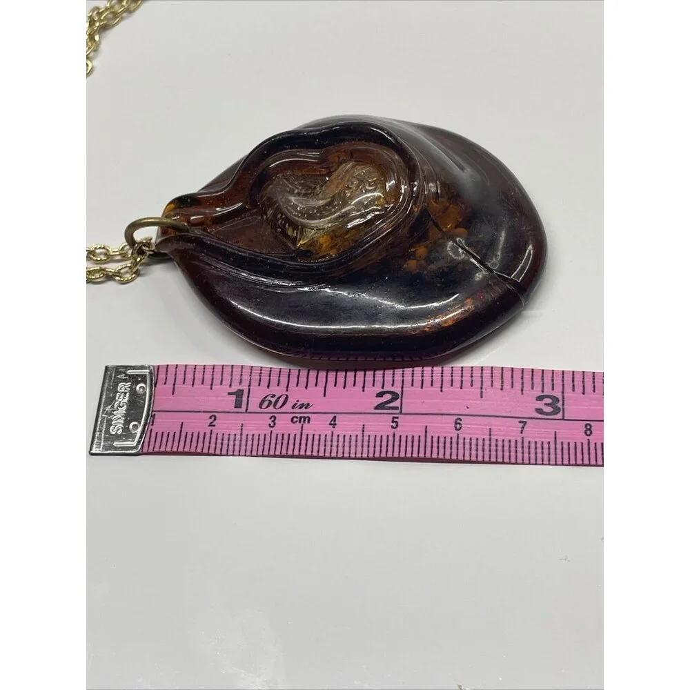 Unique Faux Amber Plastic Pendant Necklace w/ beads embedded 24” Gold Tone Chain